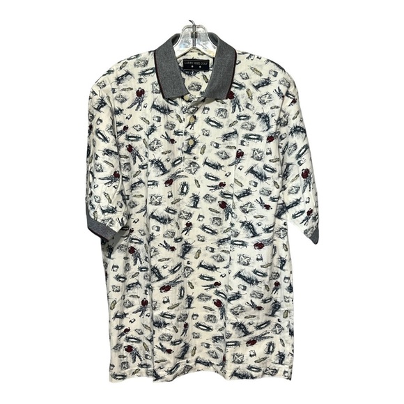 Larry Mize Short Sleeve Golf Printed Polo Shirt White Multi Color Preppy Large - Picture 1 of 4